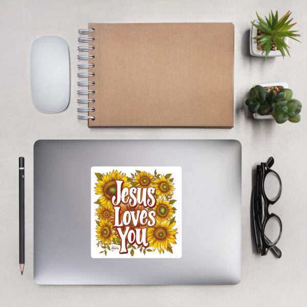 "Sunshine Embrace: The 'Jesus Loves You' Sunflower Sticker" Bubble-free stickers